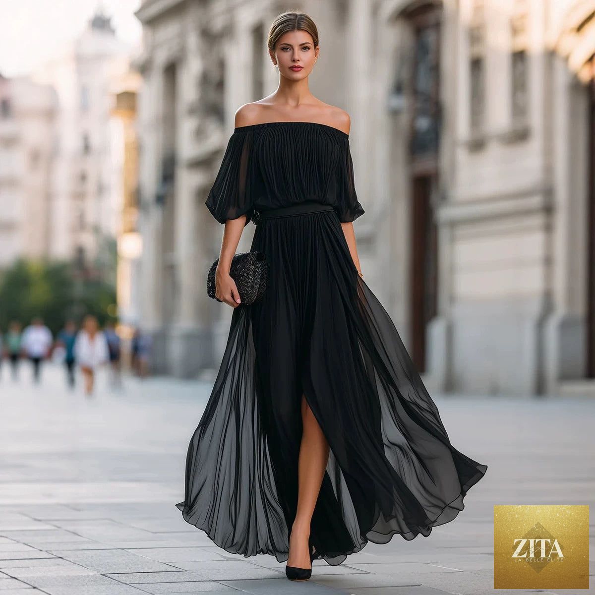 Women's one-shoulder chiffon maxi dress with ruffle sleeve, high waist, and side split in three colors by FitiqueFit.