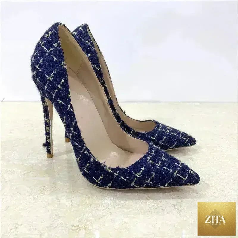 Femstylo woven high heels with 12cm pointed toe stiletto pumps, stylish all-match women's footwear shown from the side.