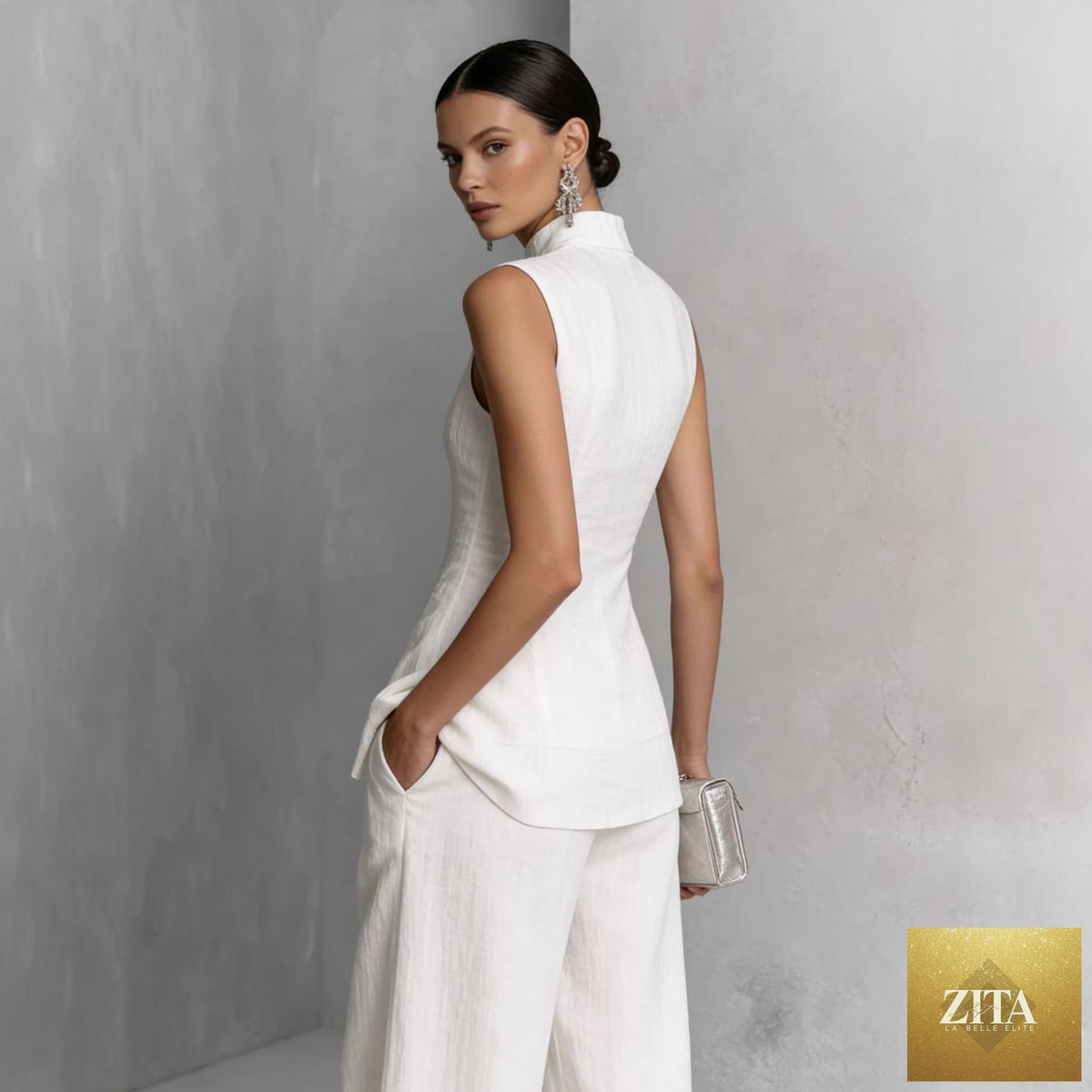 Zita La Belle Elite women's sleeveless top and long pants two-piece casualwear set in solid color, available in four colors and sizes XS to XXL.