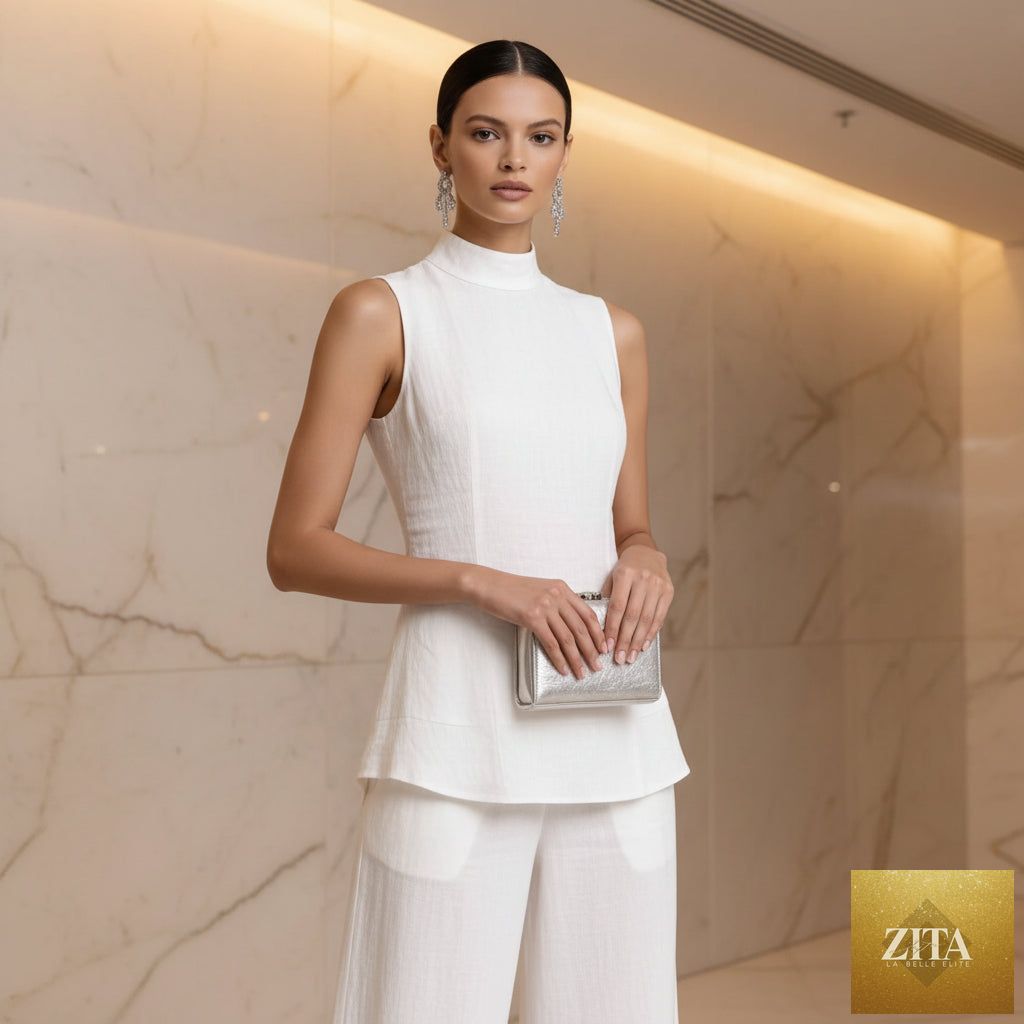 Women's MERIDGE two-piece set with a stand collar longline vest top and wide-leg trousers, casual and stylish outfit for women.