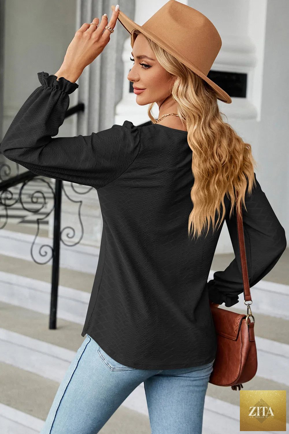 Zita La Belle Elite round neck flounce sleeve casual T-shirt with ruffled sleeves and soft fabric, ideal for everyday wear.