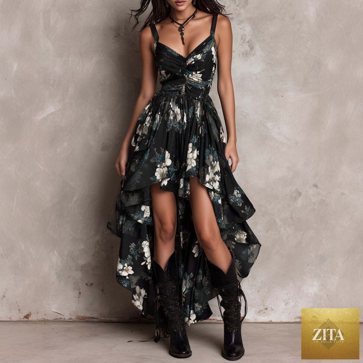 Printed deep V-neck camisole maxi dress by FitiqueFit featuring high waist and high slit, perfect for vacation or summer wear.