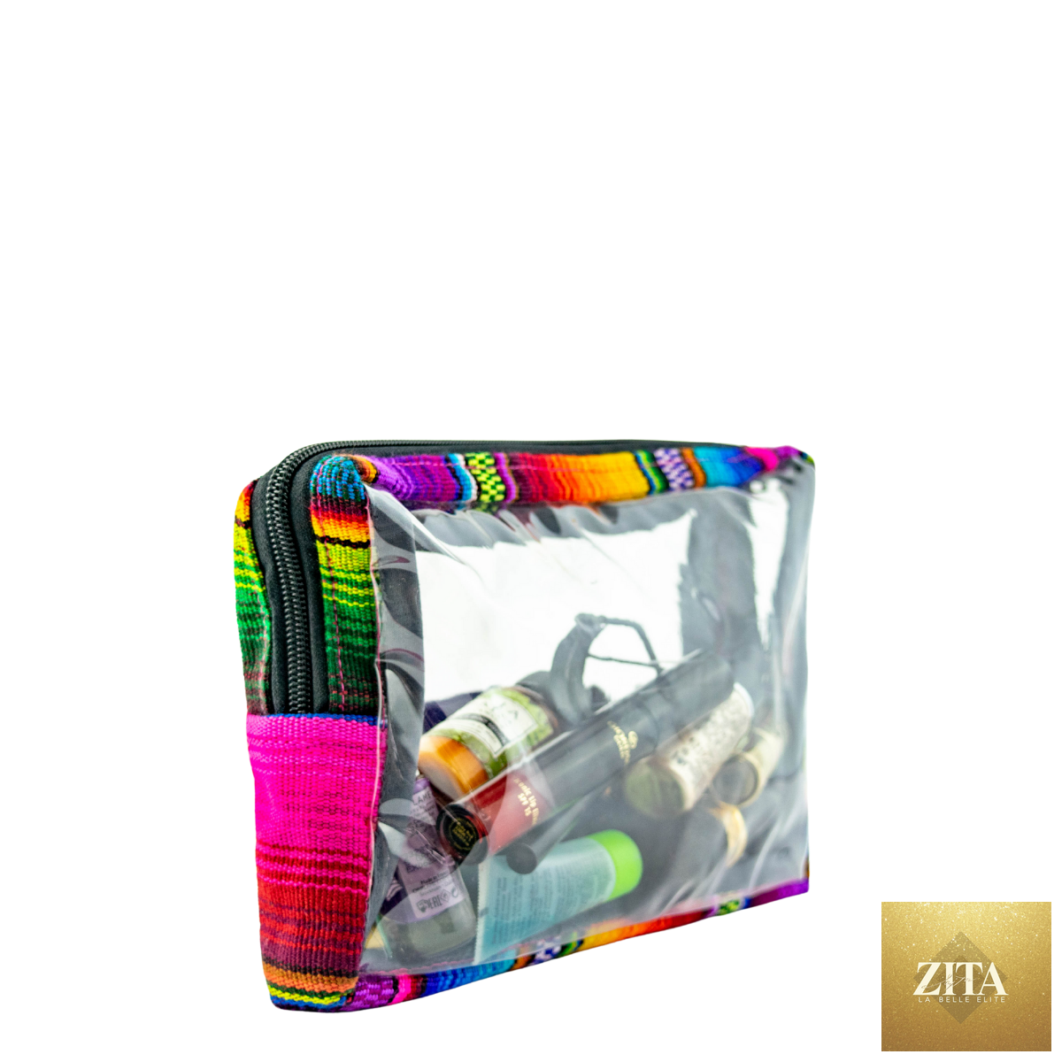 Lumily Hacienda transparent toiletry travel bag with multiple compartments, ideal for organizing personal items during travel.