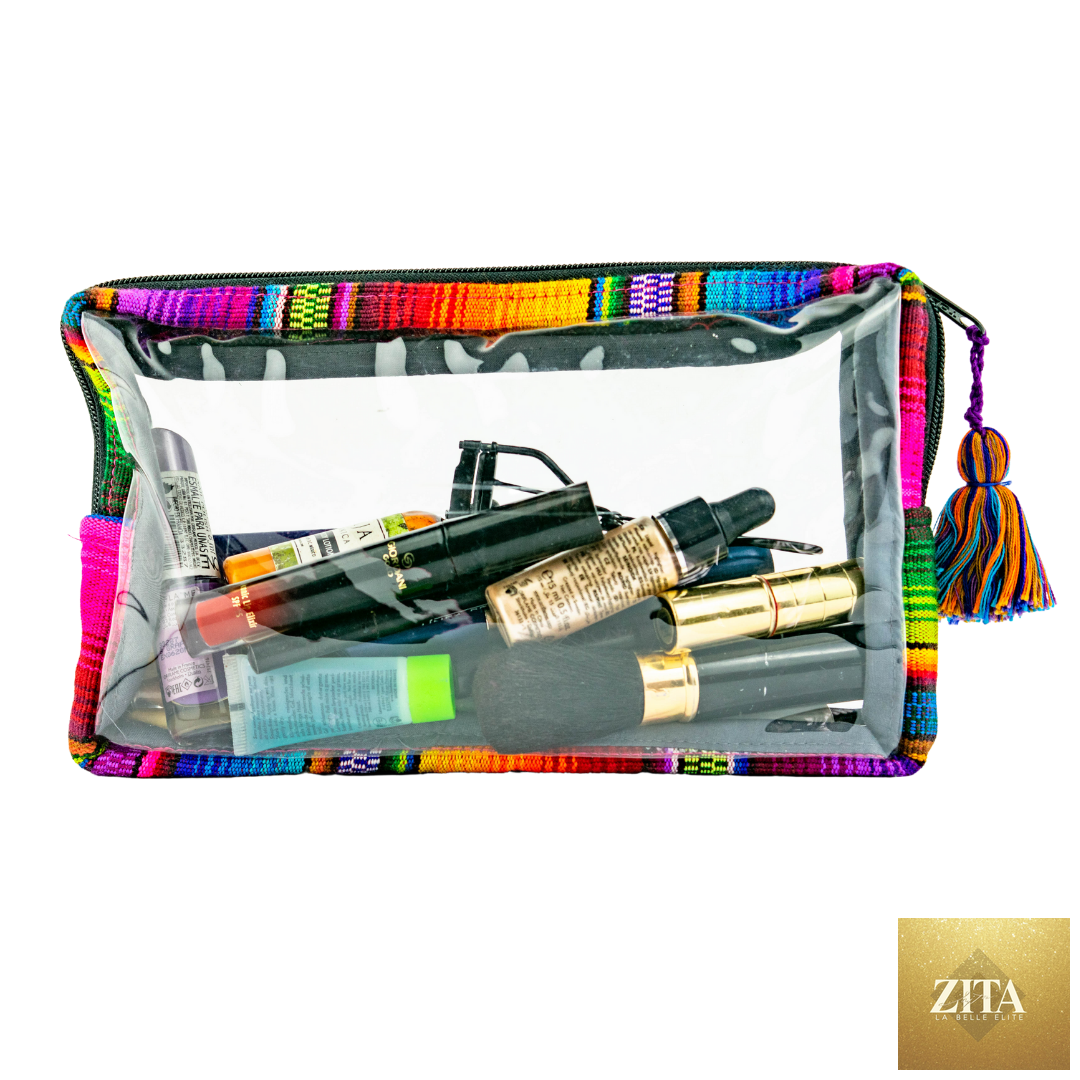 Lumily Hacienda transparent toiletry travel bag from Guatemala, clear plastic bag with zipper closure for toiletries and travel essentials.