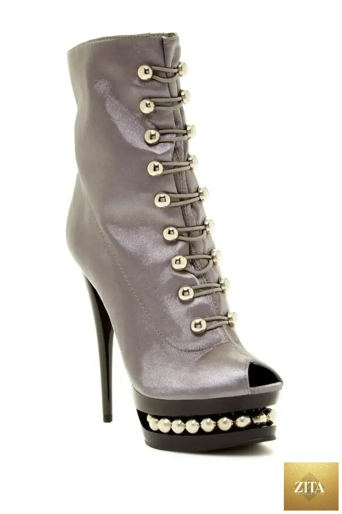 Gray satin BLAKEE stilettos by Femstylo featuring 6-inch platform heels, perfect for a night out.