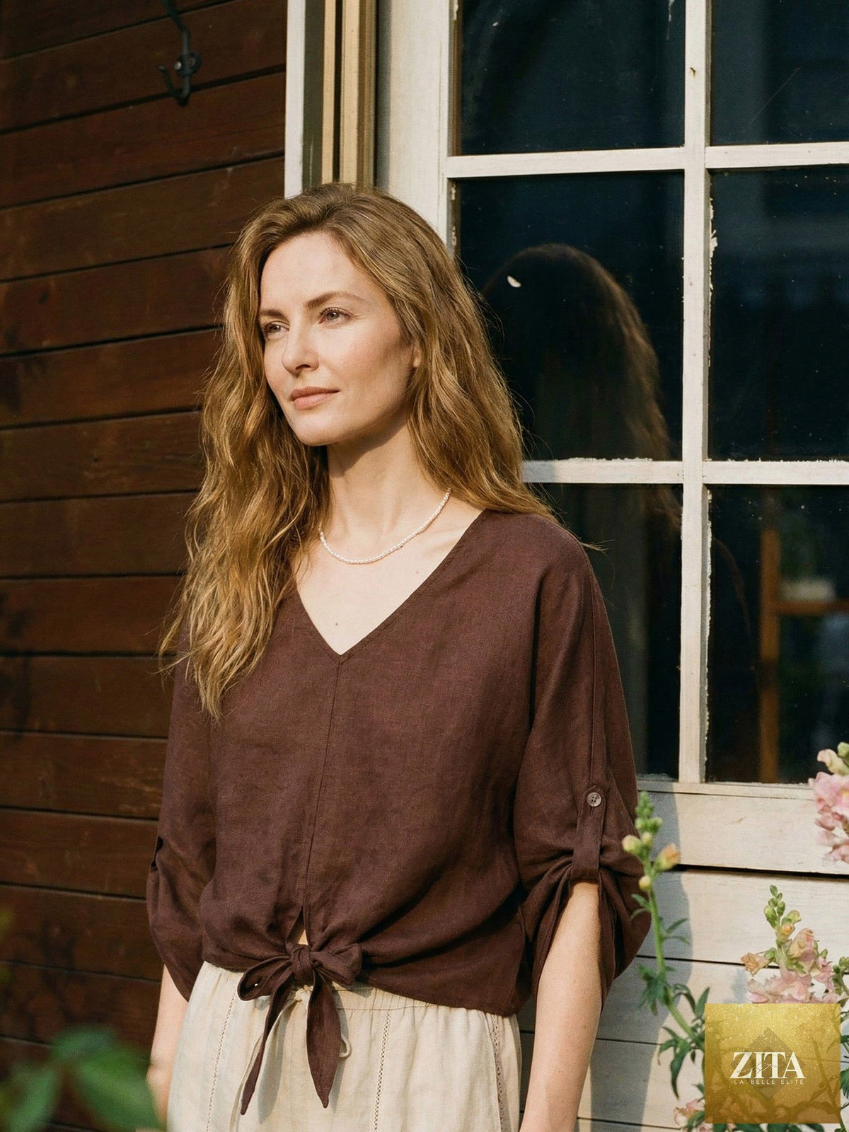 Espresso brown linen twist-hem batwing top from LINTICO's 100% linen sets collection, displayed on a neutral background.