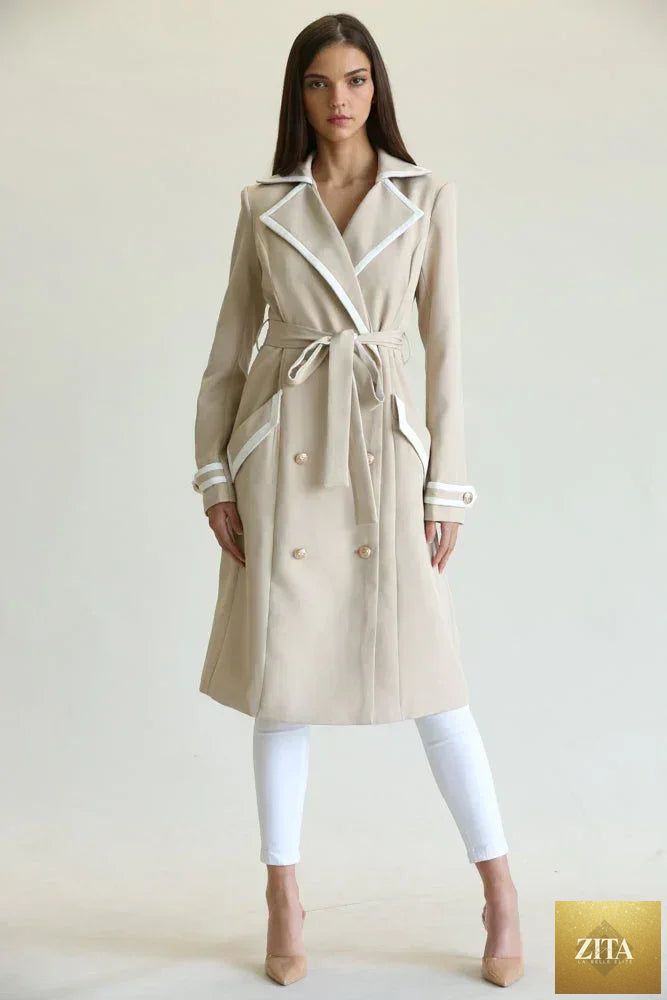 Elegant long belted coat for women by Zita La Belle Elite, featuring a tailored fit and stylish design.