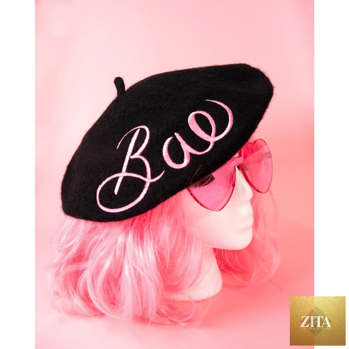 Black embroidered beret hat from The Bullish Store featuring stylish Bae embroidery design.