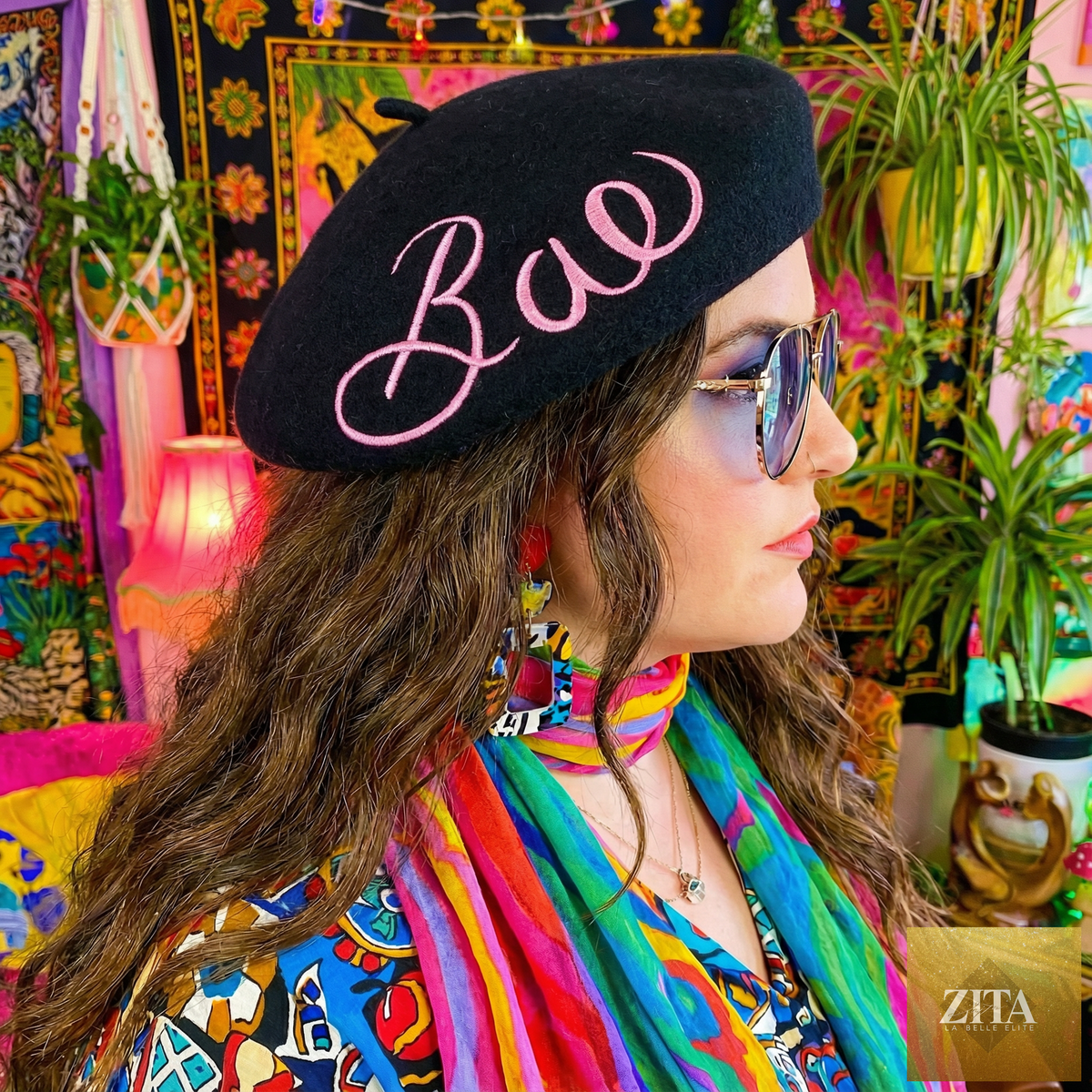 Black embroidered beret hat from The Bullish Store featuring stylish Bae embroidery on soft fabric.