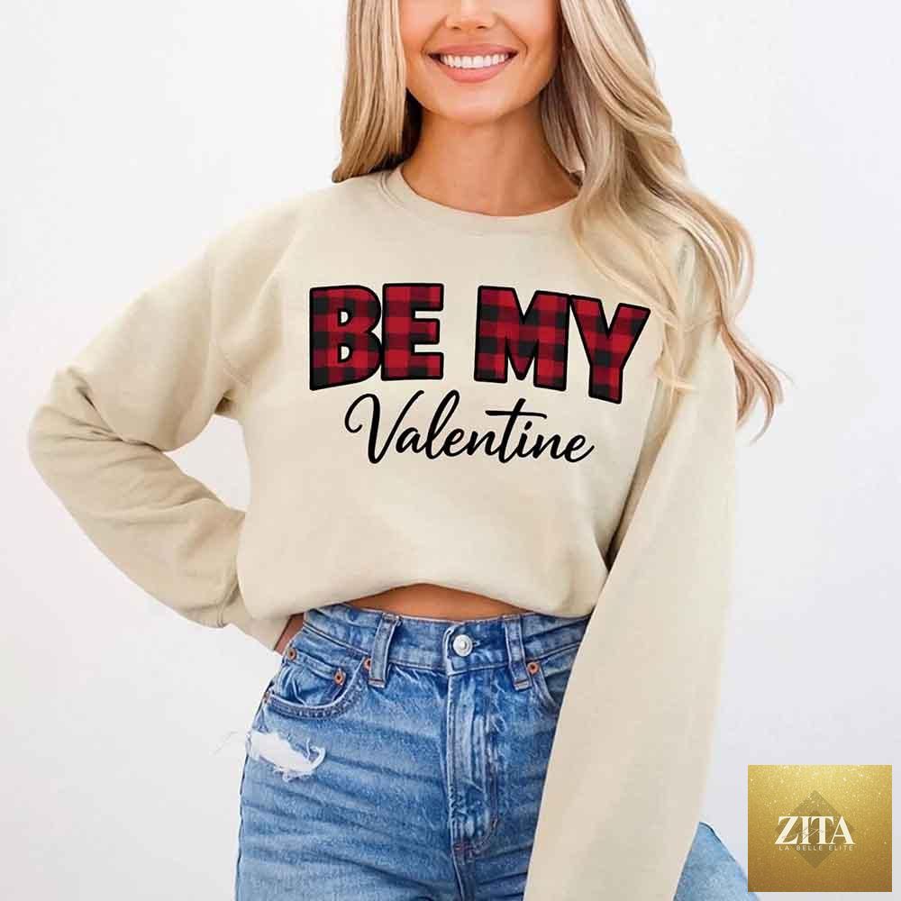Red and black buffalo plaid Valentine's Day sweatshirt by Adorb Custom Tees, featuring a classic crewneck design for cozy style.