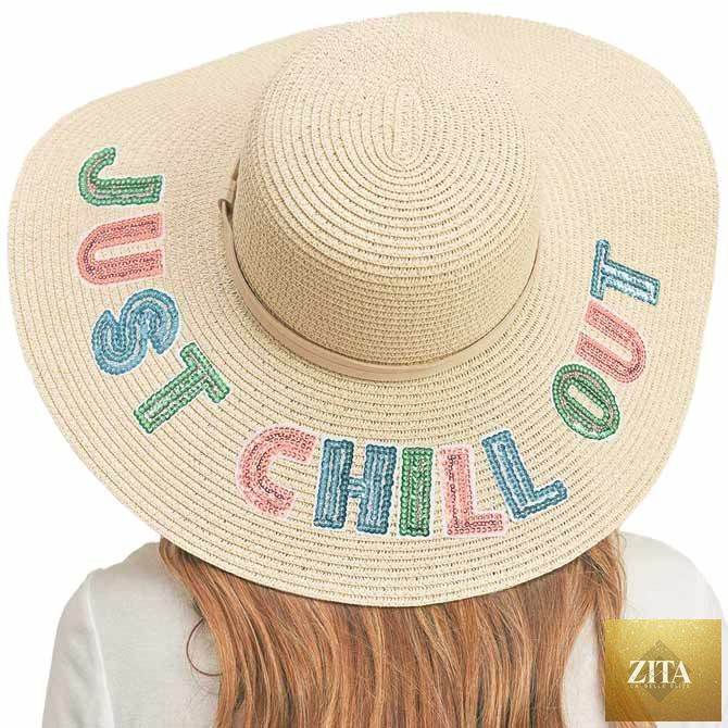 Just Chill Out Sequin Message Straw Panama Sun Hat