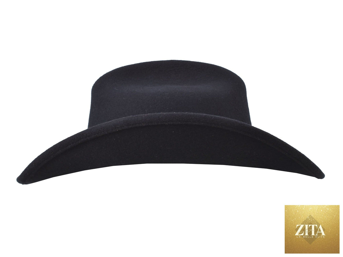 Black wool felt Cattleman hat by Bigalli Hats USA, featuring a classic Western style with a wide brim and decorative band.