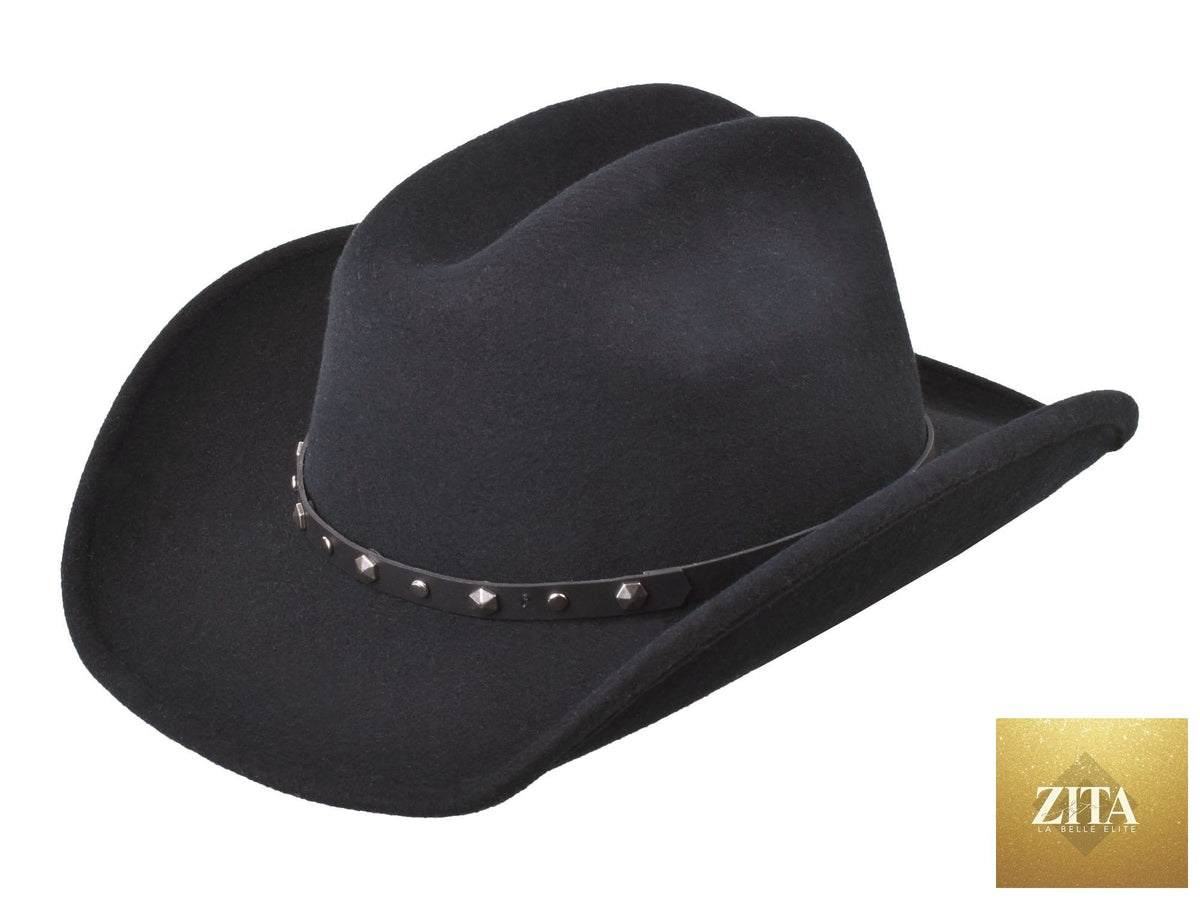 Black Wool Felt Cattleman Hat from Bigalli Hats USA, featuring a classic wide brim and pinched crown.