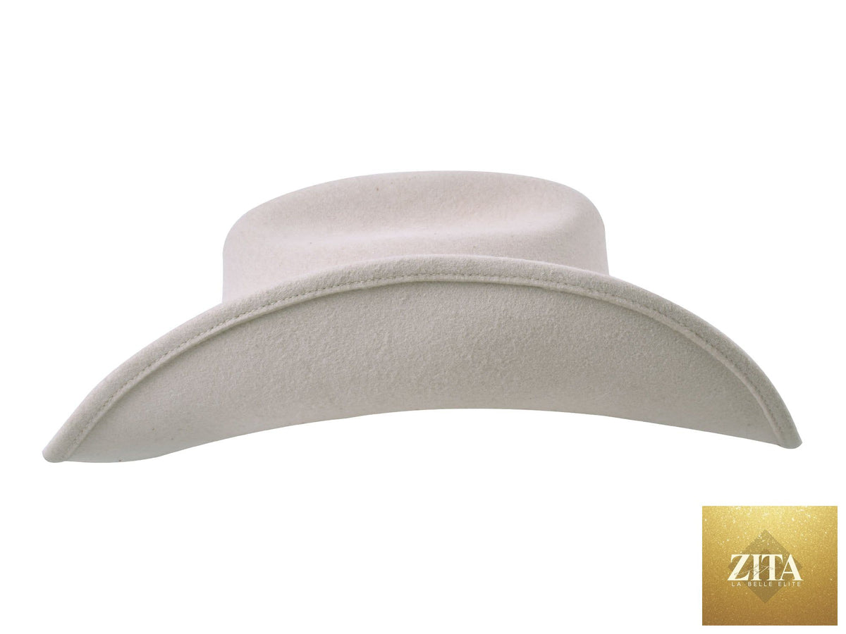 Cream-colored Bigalli Hats USA Wool Felt Cattleman Alamo hat with a wide brim and pinched crown, stylish and durable for outdoor wear.
