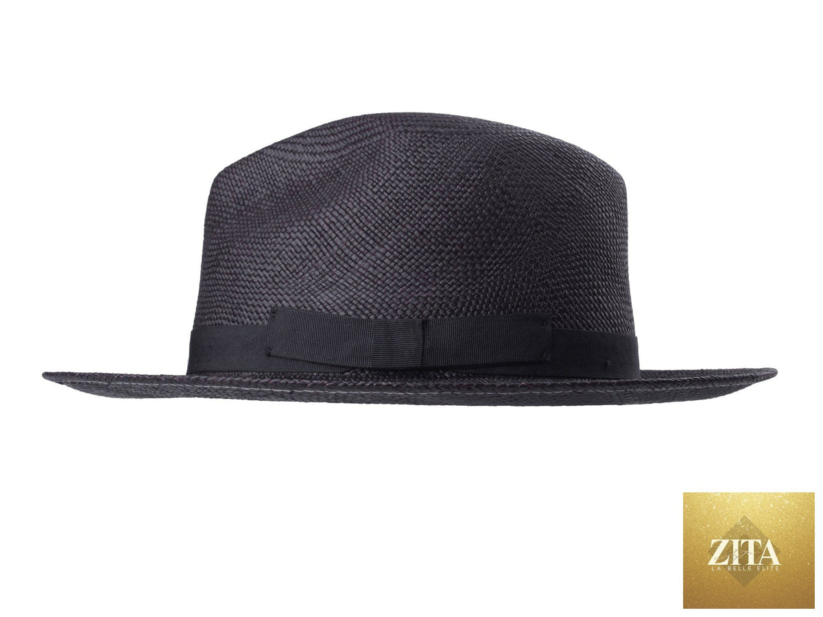 Black Panama Fedora hat from Zita La Belle Elite with a wide brim and classic style, featuring a sleek ribbon band.