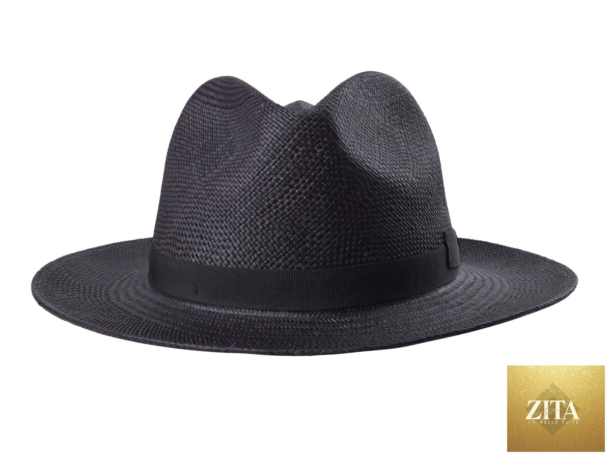 Black Panama fedora hat by Zita La Belle Elite, featuring a wide brim and stylish design in the Bigalli Hats Dante collection.