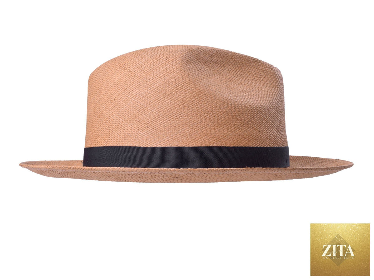 Zita La Belle Elite Panama Fedora Hat Dante in putty color with wide brim and classic style, shown on a model.
