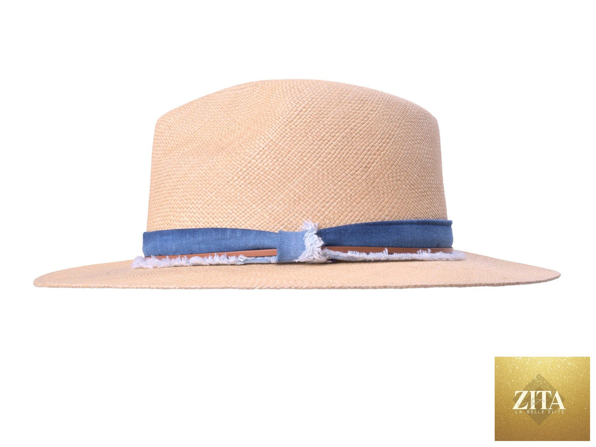 Handwoven indigo and beige straw Panama fedora hat by Bigalli Hats USA with a wide brim and classic style.