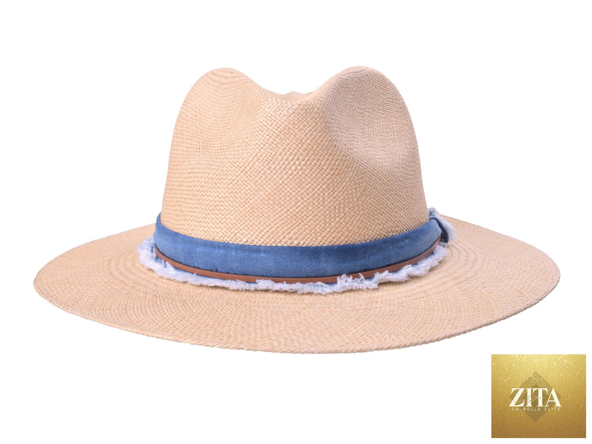 Handwoven indigo Panama fedora hat by Bigalli Hats USA, featuring a straw construction with a beige band and wide brim.