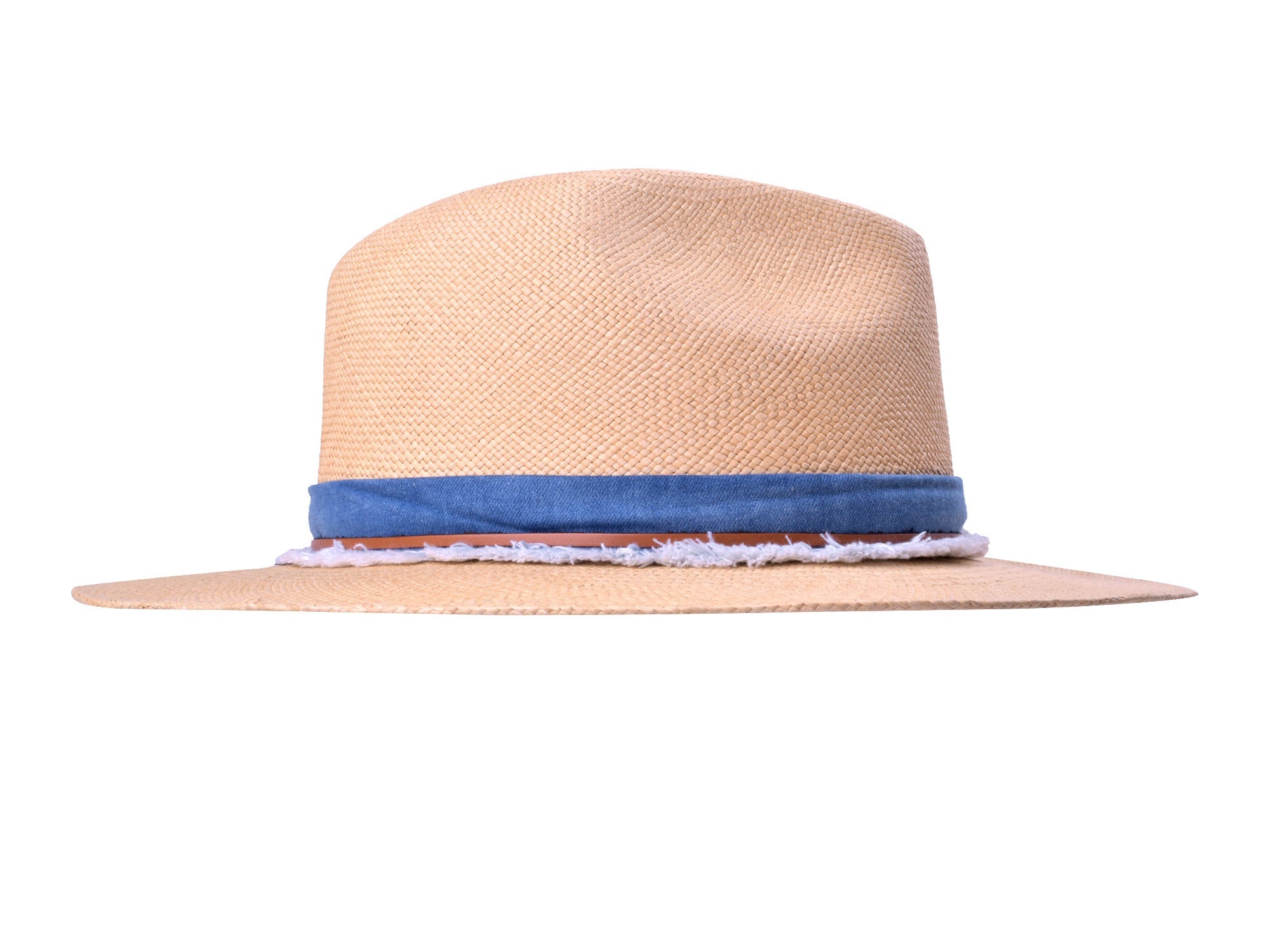 Handwoven indigo Panama fedora hat by Bigalli Hats USA with beige straw brim, stylish and lightweight for sun protection.