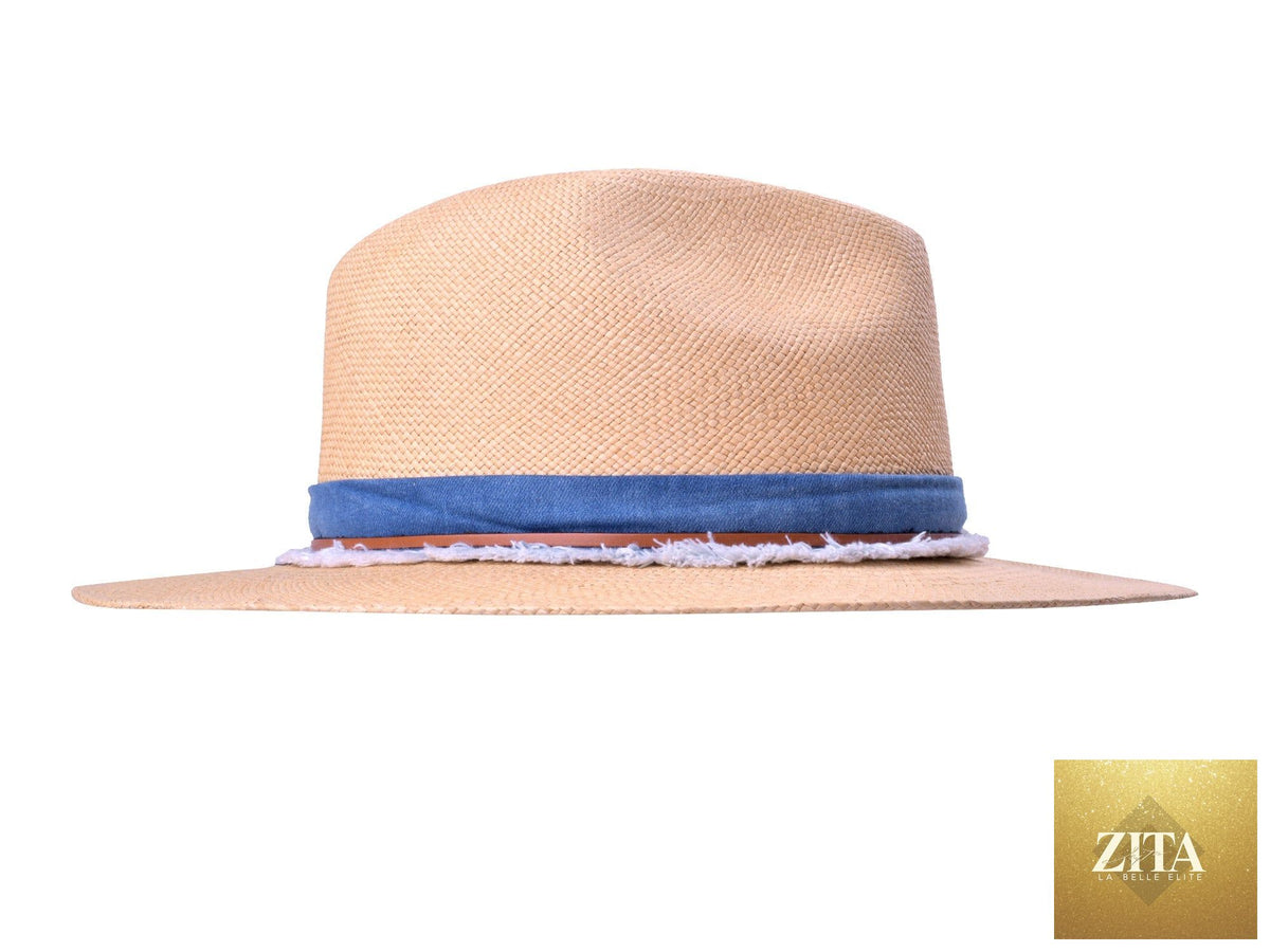 Handwoven indigo Panama fedora hat by Bigalli Hats USA with beige straw brim, stylish and lightweight for sun protection.