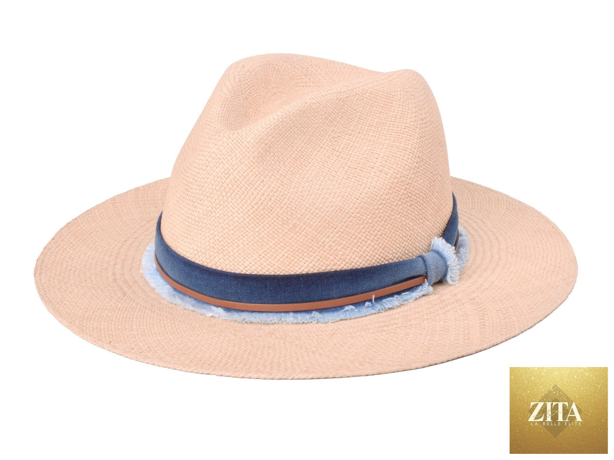 Handwoven indigo and beige Panama fedora hat by Bigalli Hats USA with a wide brim and classic style.