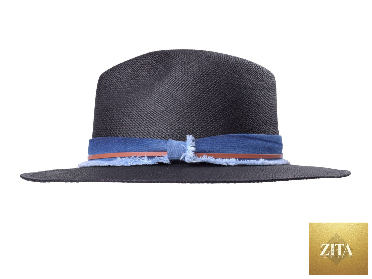 Handwoven indigo Panama fedora hat from Bigalli Hats USA, featuring a classic straw design and wide brim for sun protection.