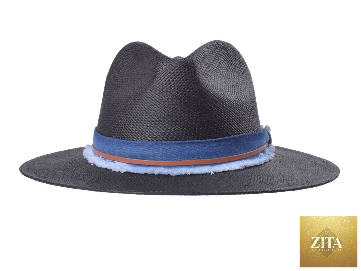 Handwoven indigo Panama straw fedora hat by Bigalli Hats USA, featuring a classic design and wide brim.