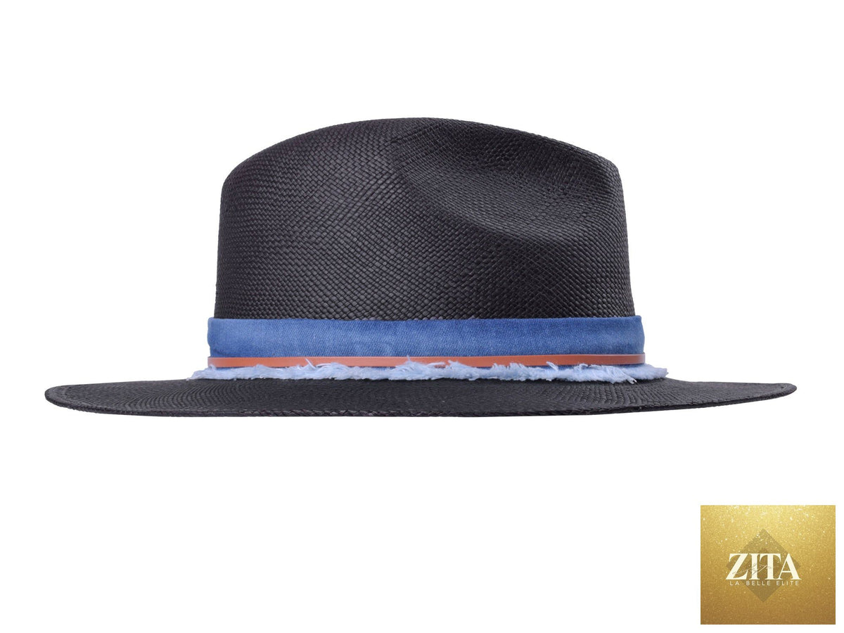 Handwoven Indigo Panama Hat Fedora by Bigalli Hats USA, featuring straw material and classic wide brim design.