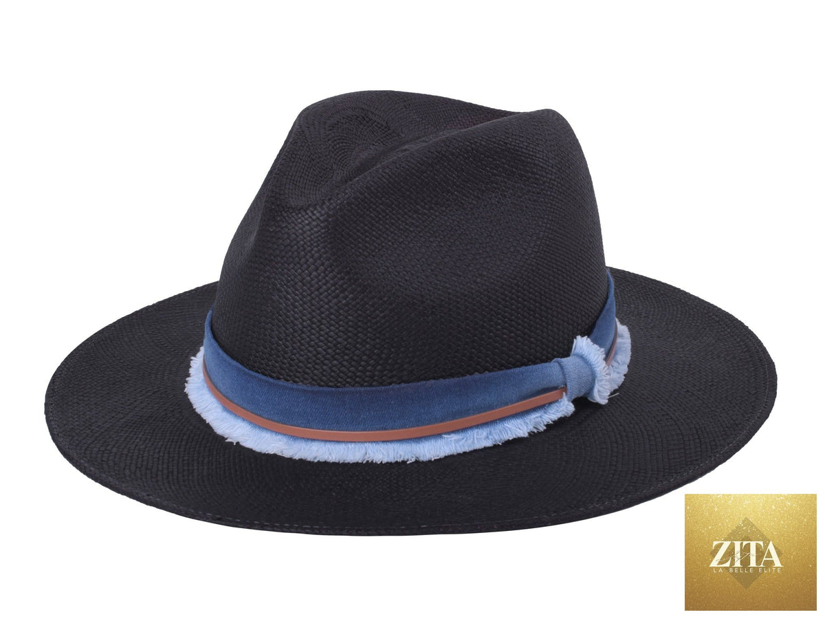 Handwoven indigo Panama fedora hat by Bigalli Hats USA with straw texture and classic brim.