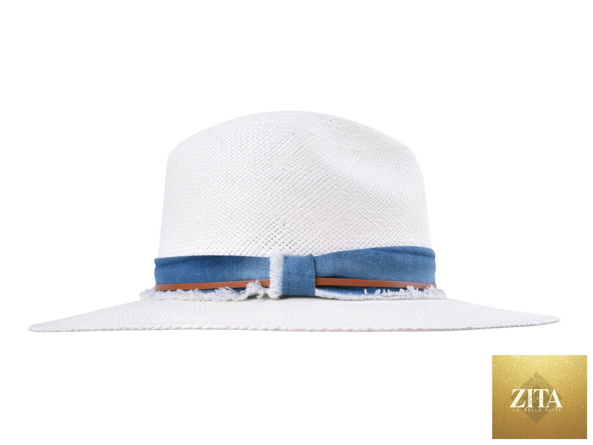 Handwoven indigo Panama straw fedora hat by Bigalli Hats USA with a wide brim and classic style.