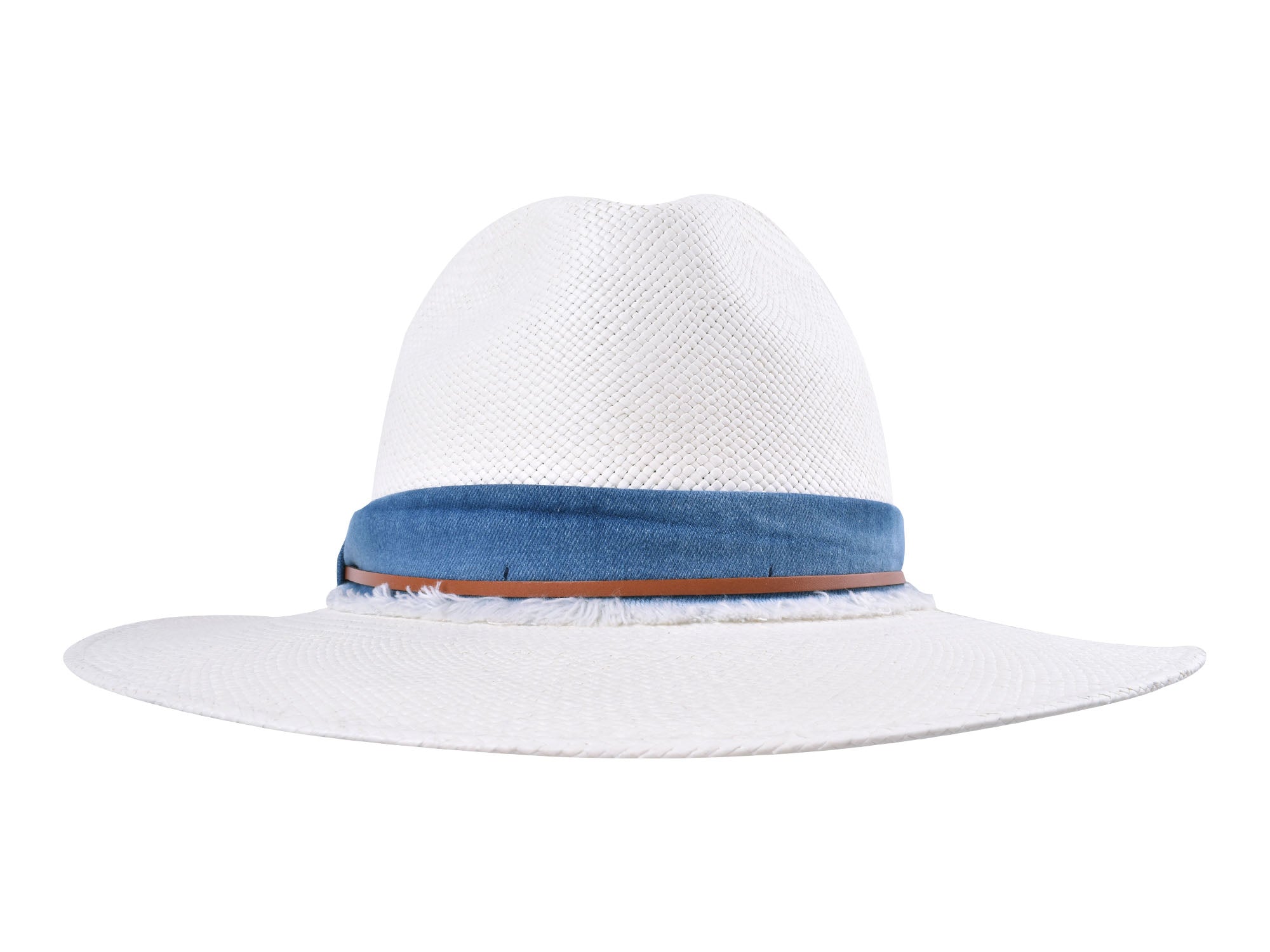 Handwoven indigo Panama straw fedora hat by Bigalli Hats USA, featuring a classic wide brim and white accents.