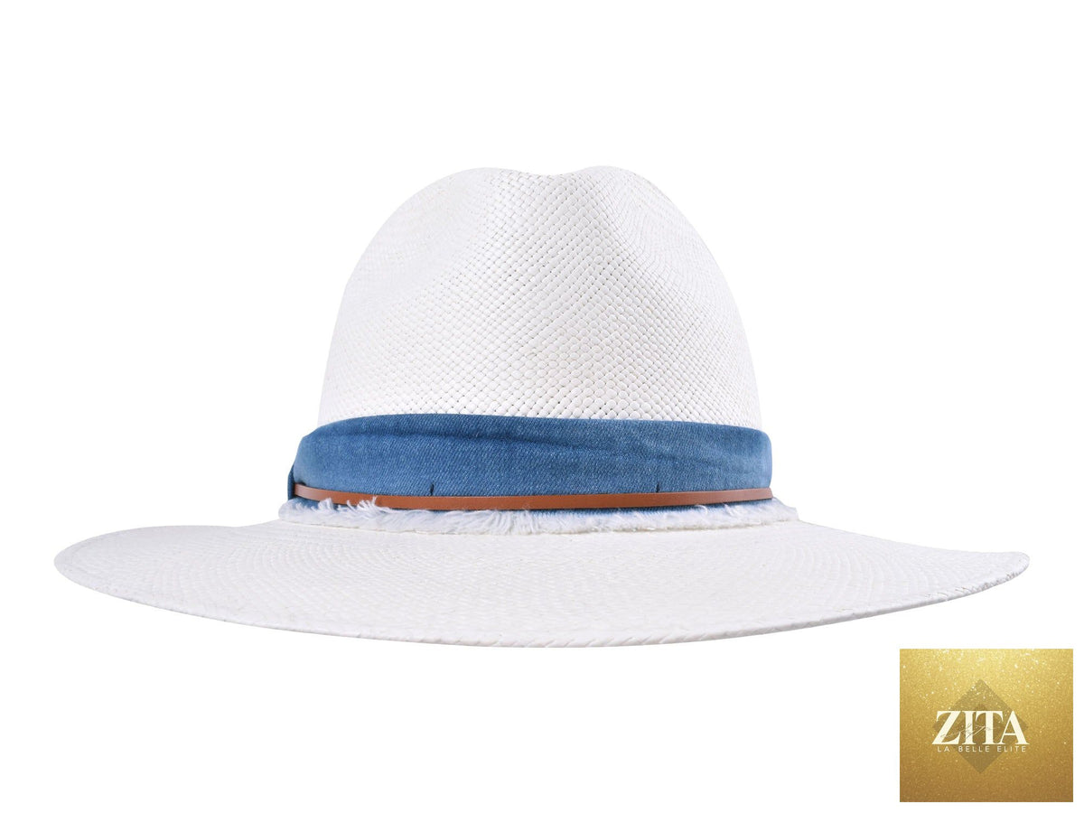 Handwoven indigo Panama straw fedora hat by Bigalli Hats USA, featuring a classic wide brim and white accents.