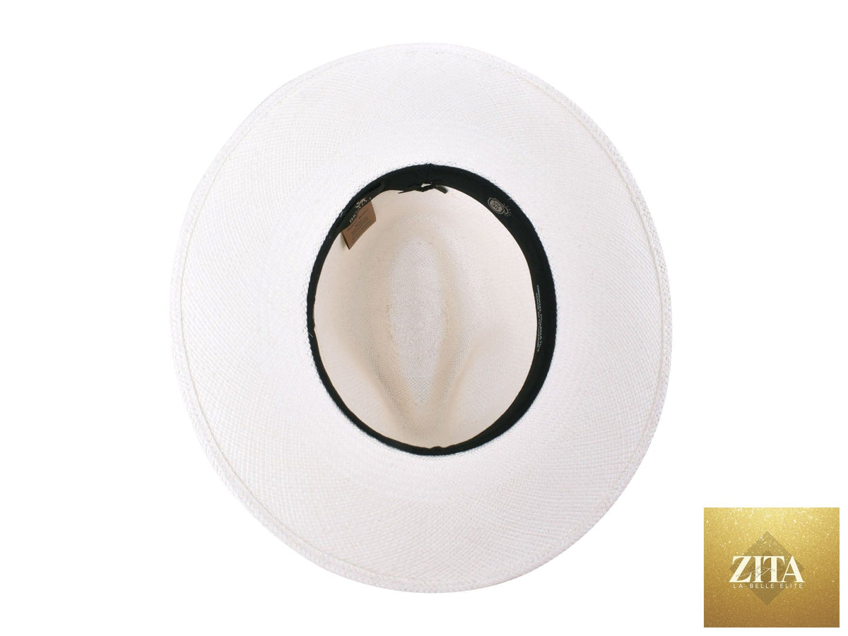 Handwoven indigo Panama straw fedora hat by Bigalli Hats USA featuring a white band and classic wide brim.