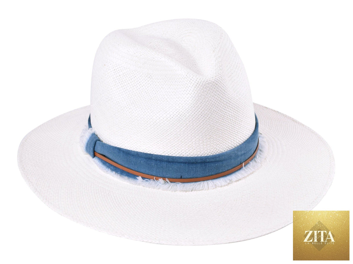 Handwoven indigo Panama fedora hat by Bigalli Hats USA, featuring a classic straw design with a wide brim and stylish band.