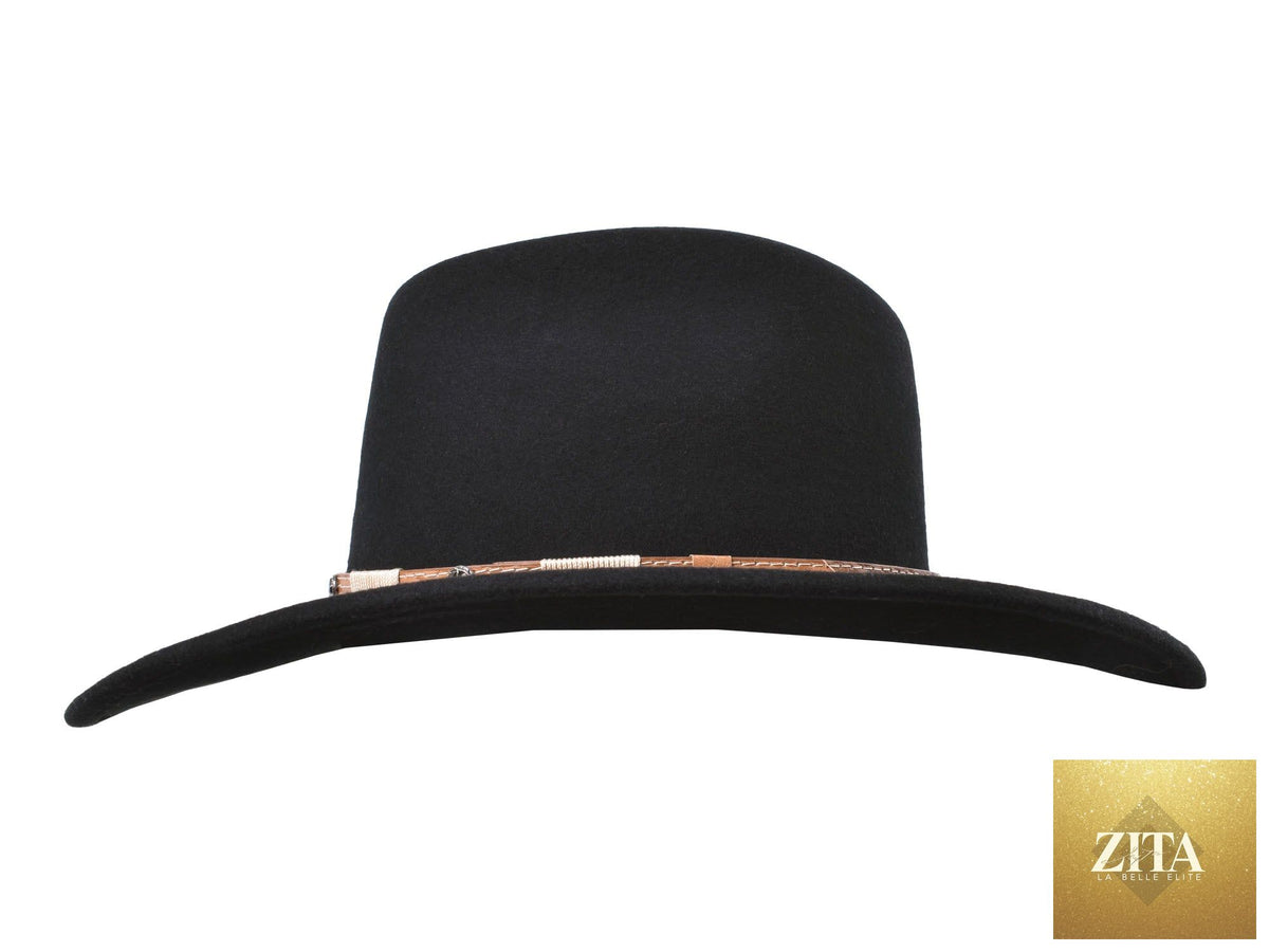 Black Merino wool felt fedora hat from Bigalli Hats USA, suitable for outdoor adventures and long trail hikes.
