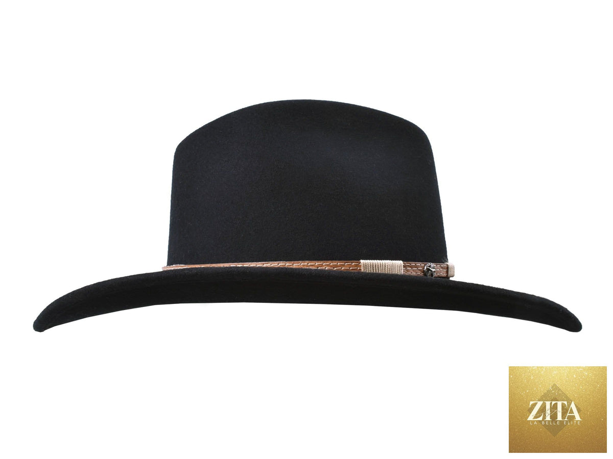 Black Merino wool felt fedora hat from Bigalli Hats USA, designed for outdoor wear, with a wide brim and classic trail style.