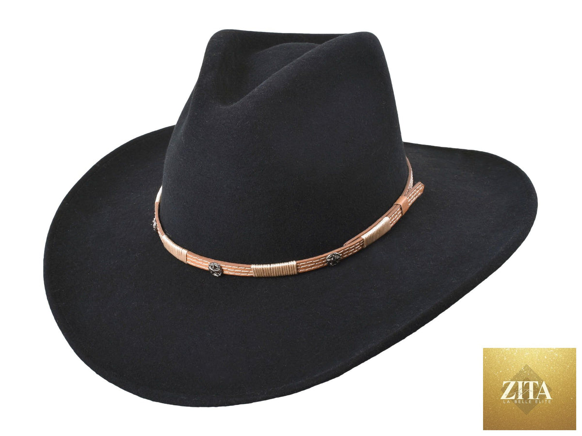 Black Merino wool felt fedora hat from Bigalli Hats USA, designed for outdoor and long trail adventures.