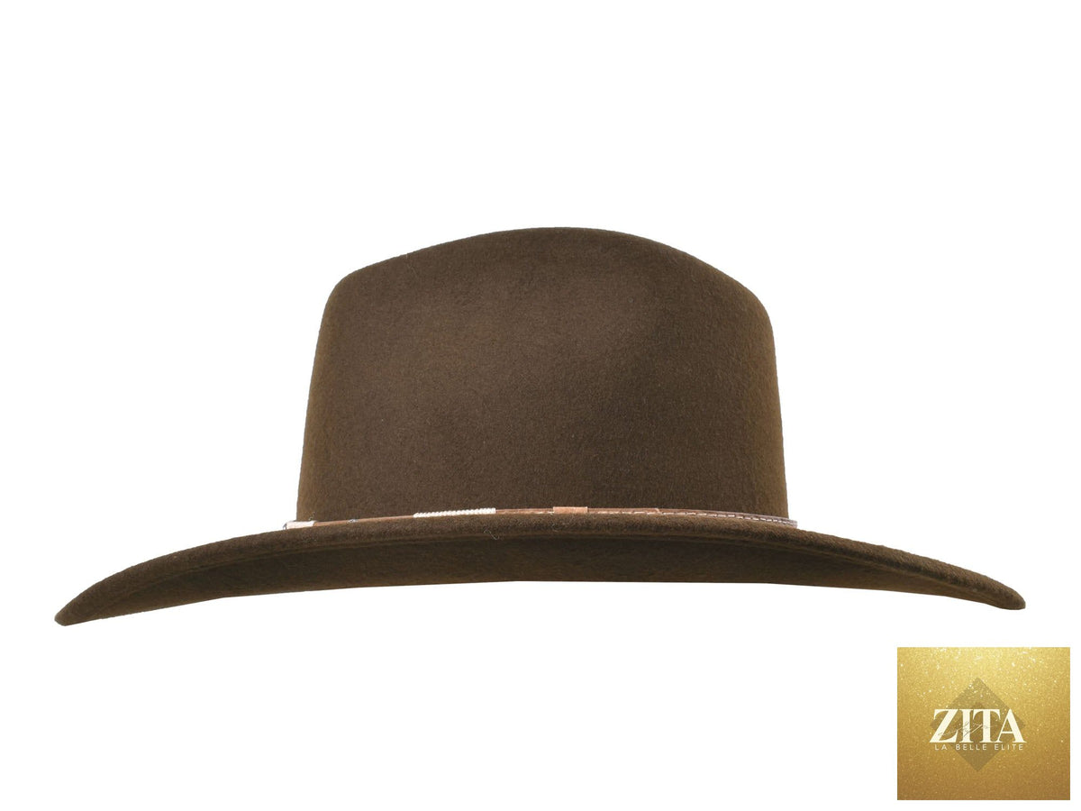 Chocolate brown merino wool felt fedora hat from Bigalli Hats USA, suitable for outdoor adventures and long trail hikes.