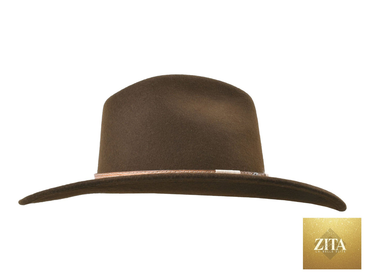 Chocolate brown Merino wool felt fedora hat by Bigalli Hats USA, designed for outdoor adventures and long trail hikes.