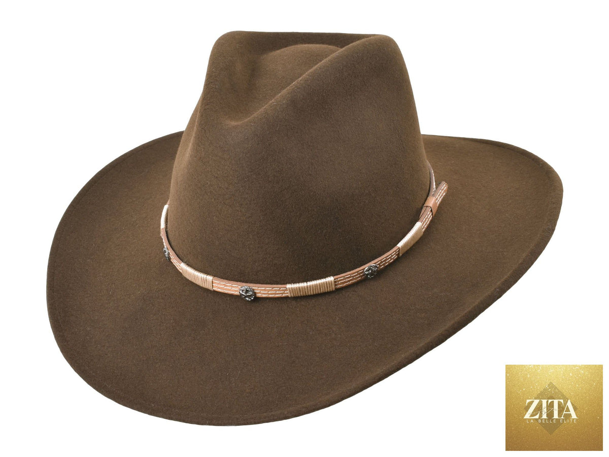Chocolate brown merino wool felt fedora hat from Bigalli Hats USA, perfect for outdoor trail adventures.
