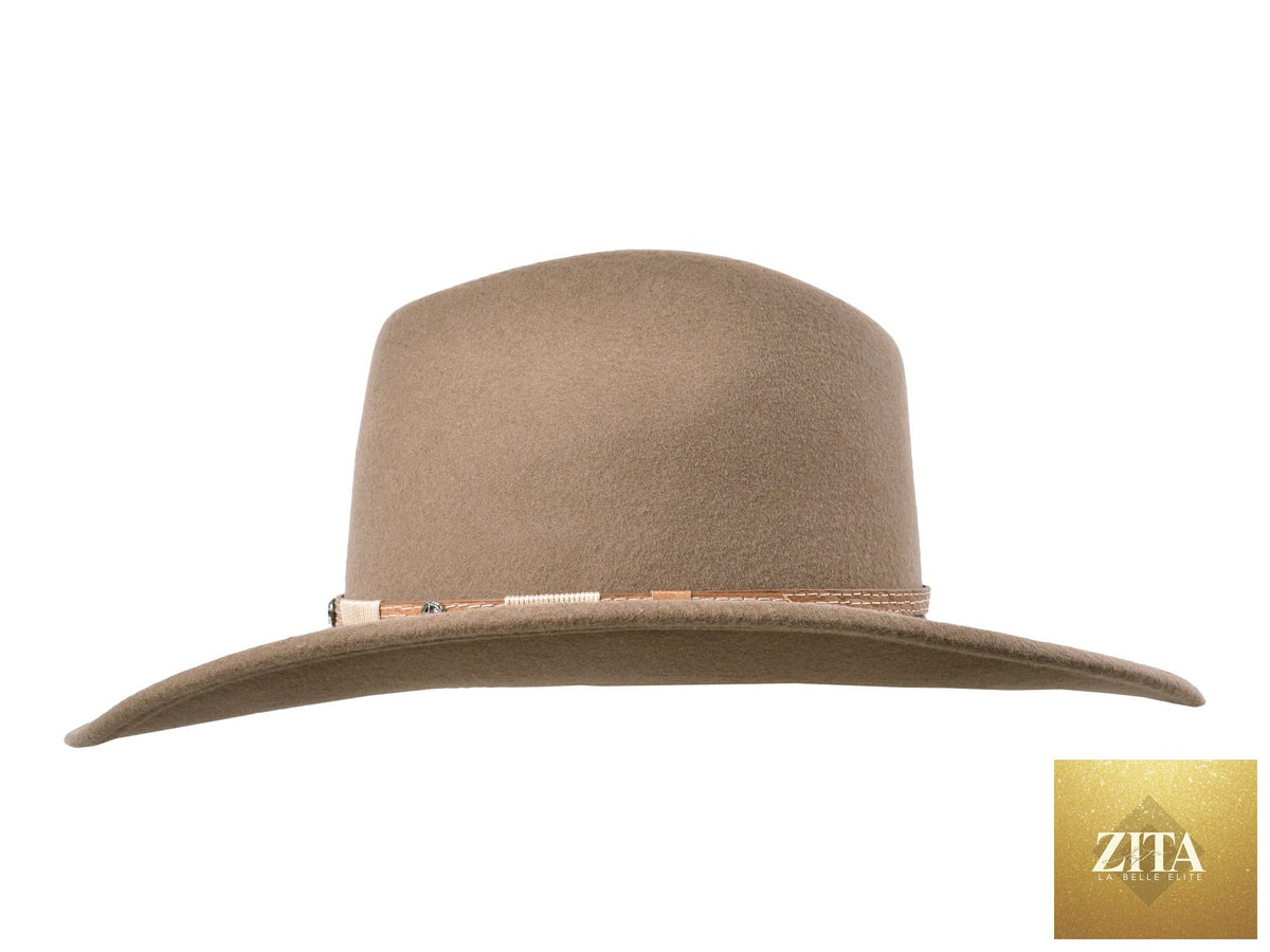 Khaki merino wool felt fedora hat from Bigalli Hats USA, designed for outdoor and long trail adventures.