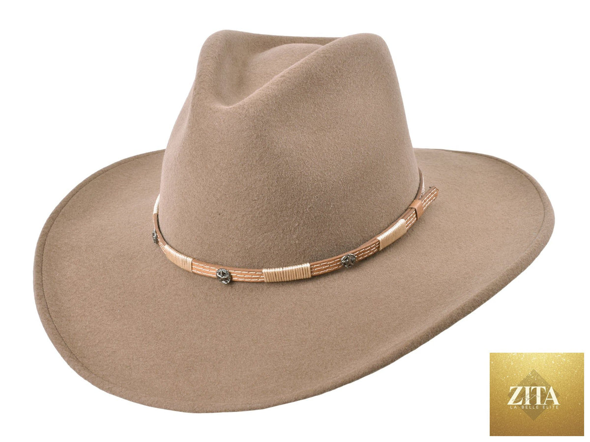 Khaki outdoor fedora hat made of merino wool felt by Bigalli Hats USA, featuring a wide brim and classic trail style.