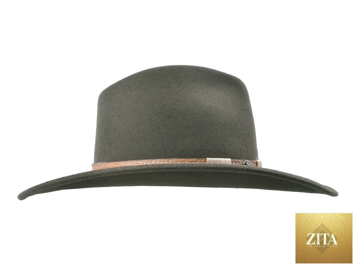 Bigalli Hats USA outdoor fedora made of merino wool felt, featuring a long trail design in moss color.