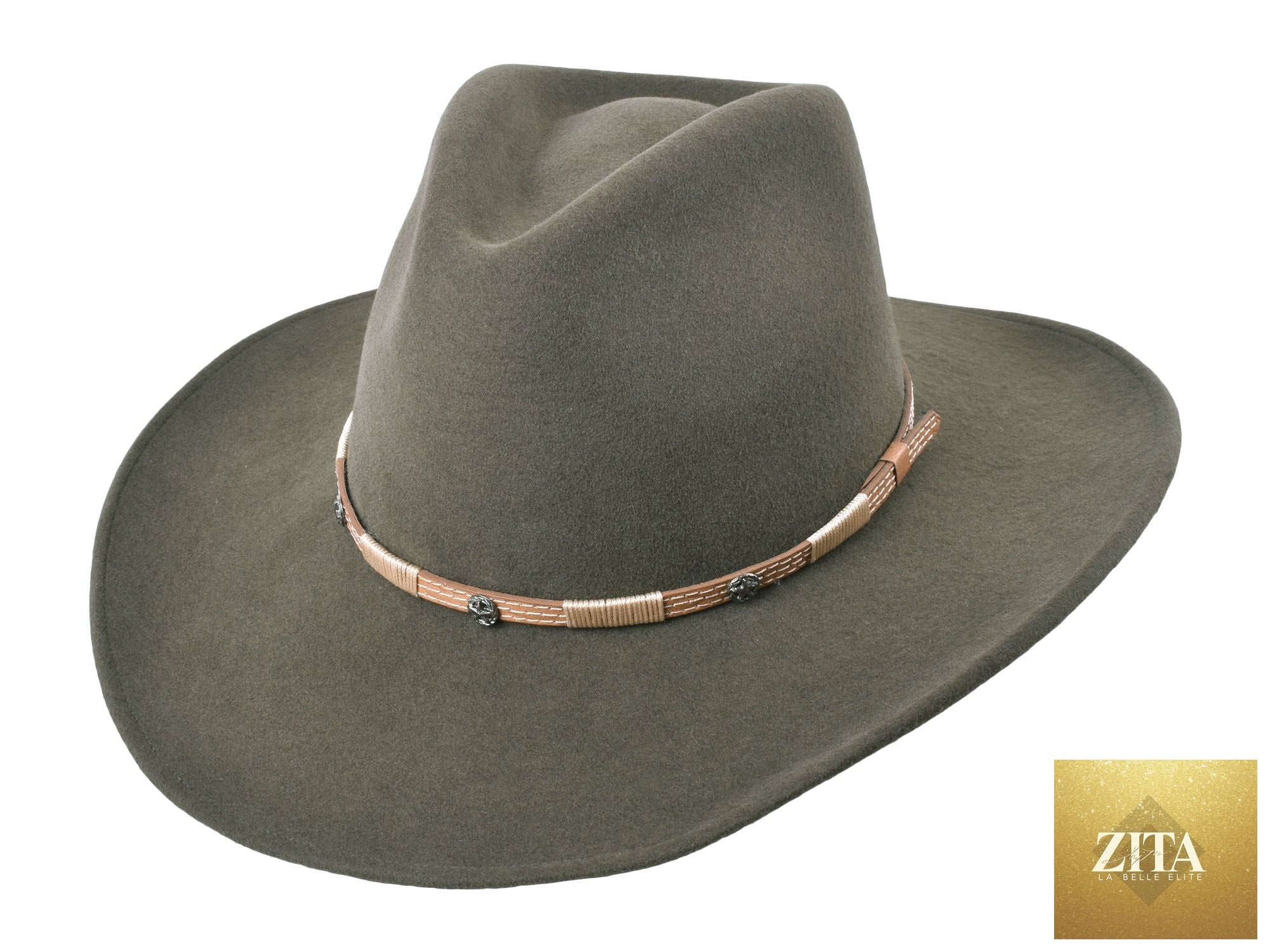 Bigalli Hats USA outdoor fedora made of merino wool felt, designed for long trail hiking, in moss color with a classic wide brim.