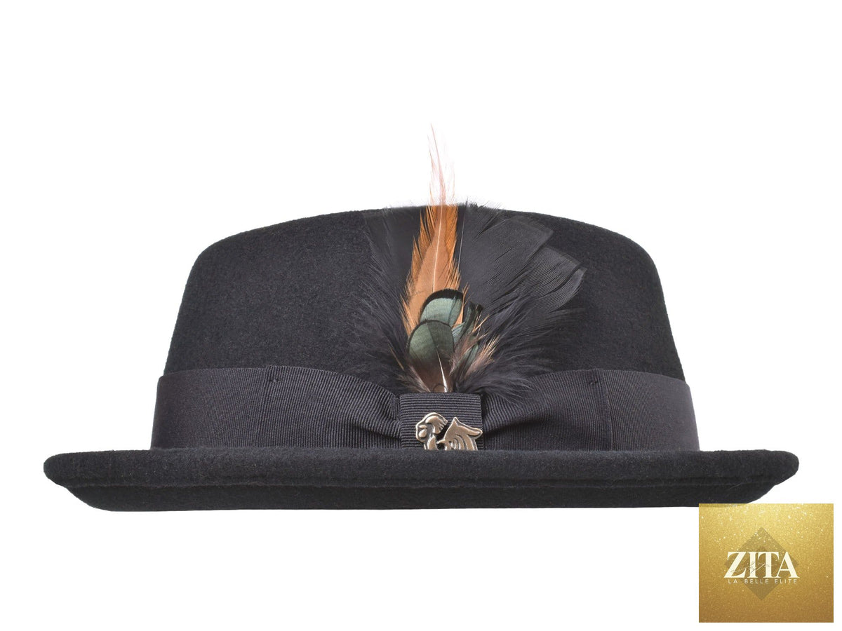Black Wool Felt Pork Pie Stingy Hat by Zita La Belle Elite, featuring a classic rounded crown and narrow brim.