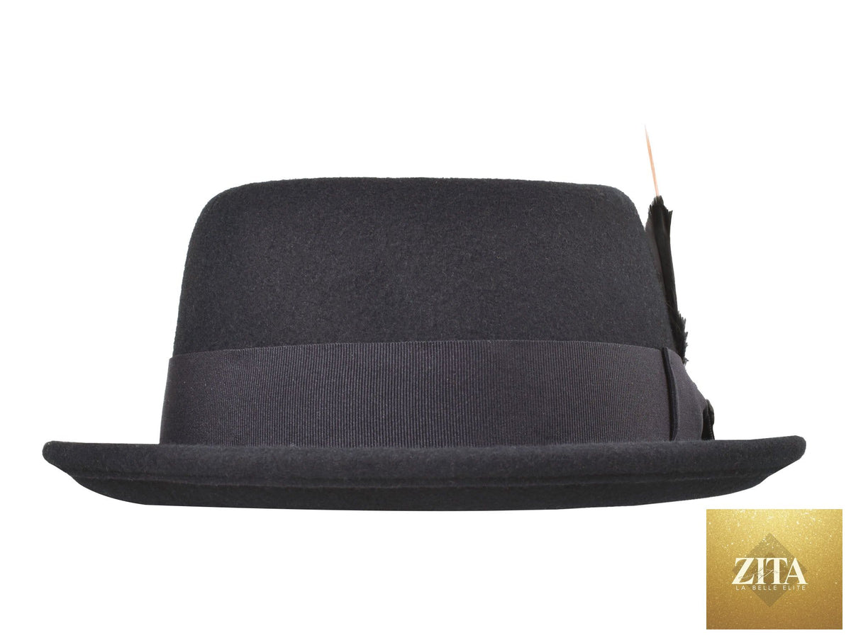 Black Wool Felt Pork Pie Hat by Zita La Belle Elite, classic stingy style with a structured brim and elegant finish.