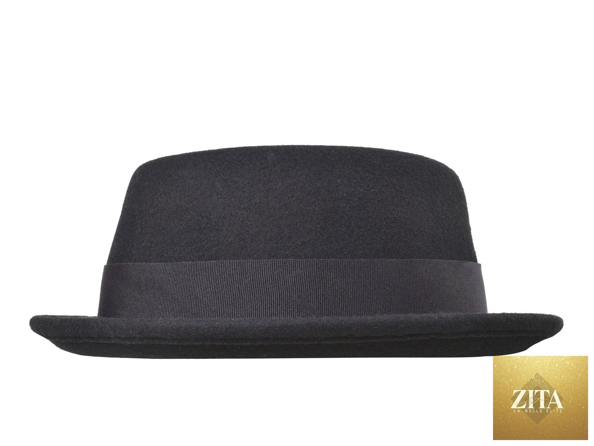 Black wool felt pork pie hat by Zita La Belle Elite featuring a classic stingy brim and stylish design.