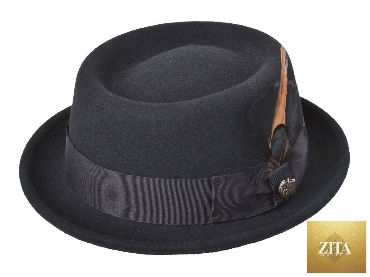 Black wool felt pork pie hat by Zita La Belle Elite, featuring a classic stingy brim and stylish design.