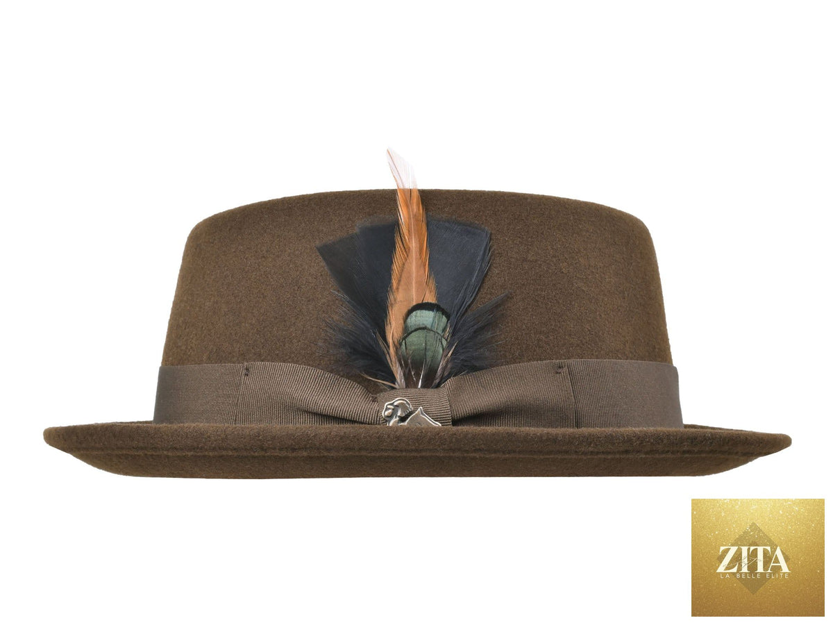 Chocolate wool felt pork pie hat by Zita La Belle Elite with a classic stingy brim and stylish design.